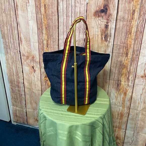 Old Navy-Blue Denim Tote Bag with Yellow-Red Straps and Red Logo - Picture 4 of 6